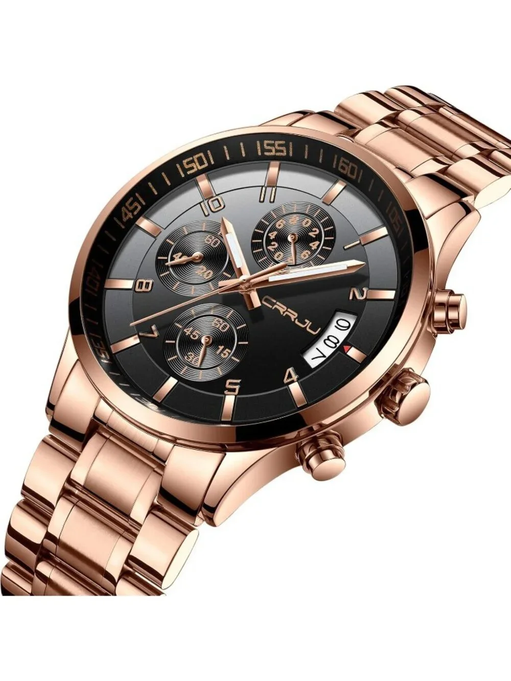 Men's Rose Gold Black Analog Stainless Steel Waterproof Chronograph Wrist Watch